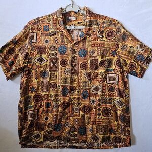 Barefoot Paradise Hawaiian Shirt Mens 2XL Boho Aztec Tribal 70's Island Vintage